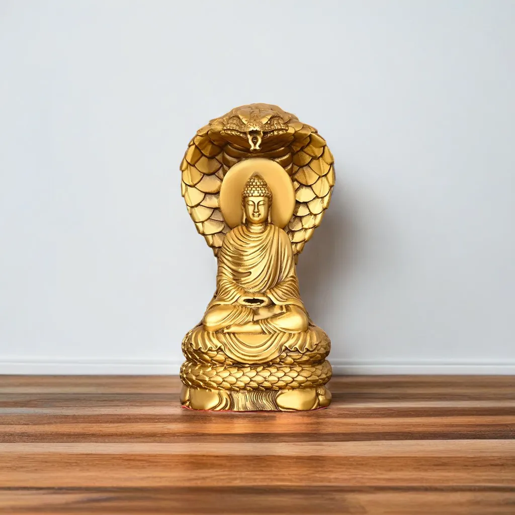 Golden Naja Buddha Statues – Handcrafted Spiritual Decor_face Golden Naja Buddha Statues, front view