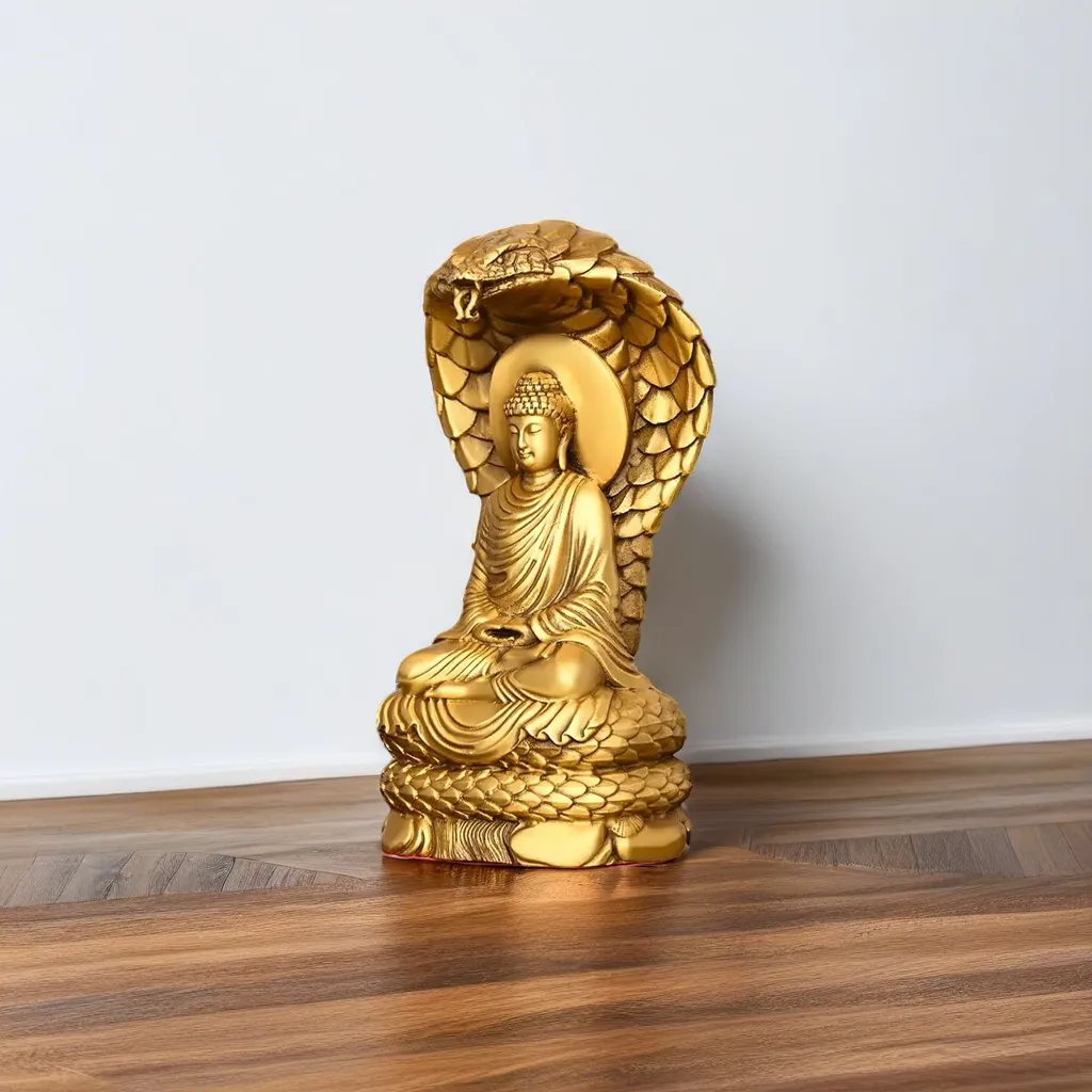 Golden Naja Buddha Statues – Handcrafted Spiritual Decor_left Golden Naja Buddha Statues, seen from the left