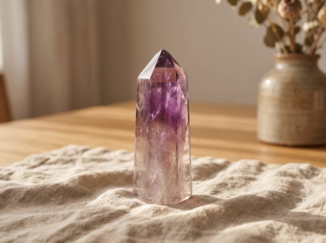 A polished amethyst point on linen, its hand-ground faces visibly unequal in width