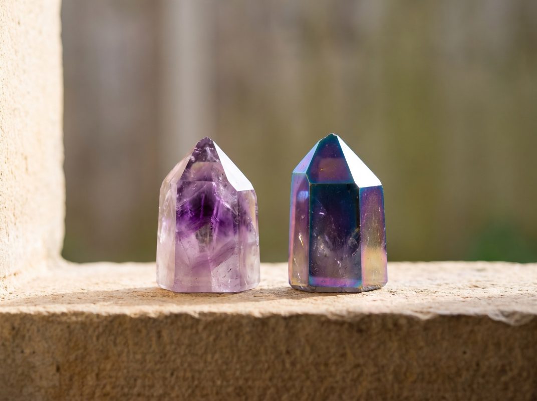 A natural amethyst point beside a quartz point with an iridescent metal coating, under the same light
