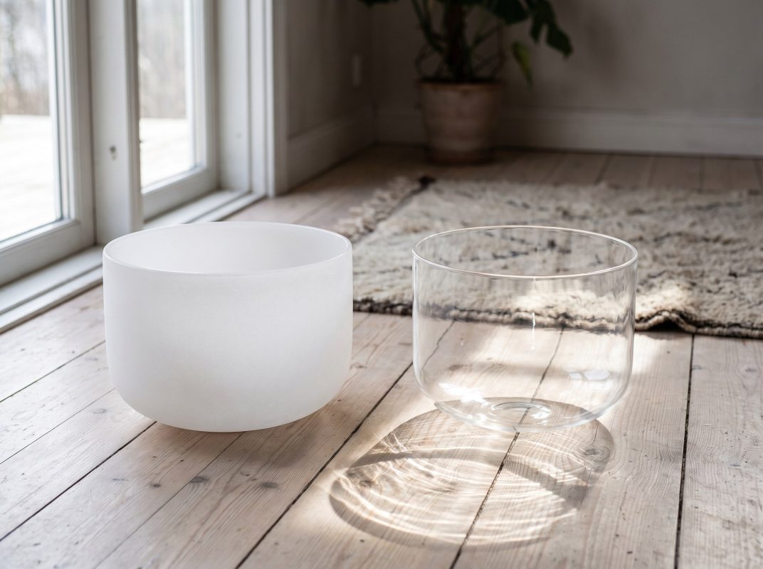 A frosted quartz bowl beside a clear one, the clear bowl throwing light onto the floor