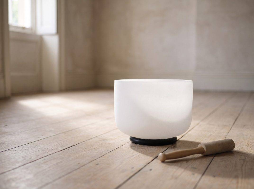 A single frosted quartz singing bowl and its mallet on a wooden floor